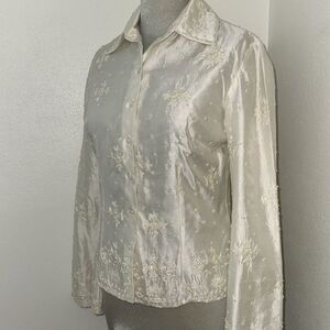 Marina by Marina Bresler 100% silk button down up blouse ivory beaded m medium